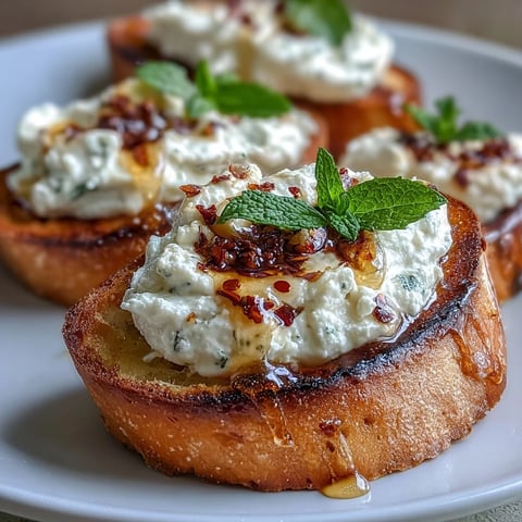 Crispy crostini topped with smooth whipped feta, drizzled with hot honey and a sprinkle of crushed red pepper for a sweet and spicy appetizer.