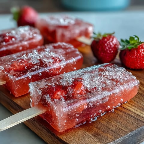 Vibrant strawberry mimosa popsicles with fresh strawberries and sparkling wine, perfect for Galentine's celebrations or brunch gatherings.