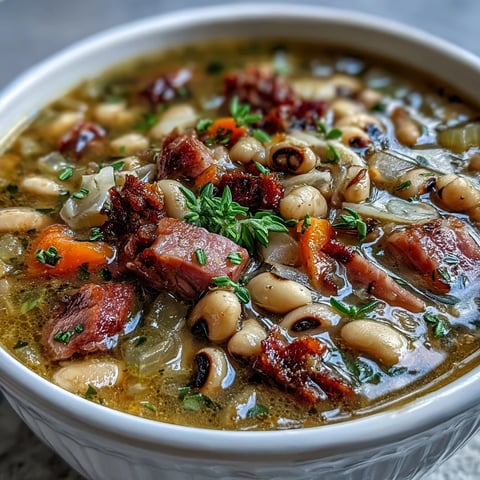 A steaming bowl of ham and black-eyed pea soup, rich with tender legumes and smoky diced ham, perfect for New Year's luck.