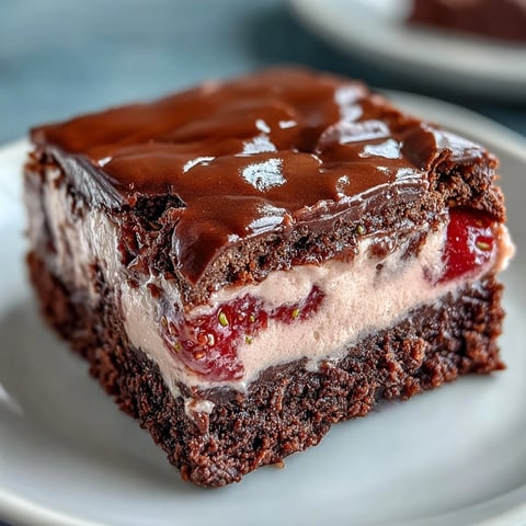Decadent Valentine brownies with fudgy chocolate base and creamy strawberry cheesecake swirl, topped with fresh strawberries.