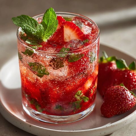 Refreshing Sparkling Strawberry Basil Lemonade served over ice, highlighted by vibrant red strawberries and green basil leaves.
