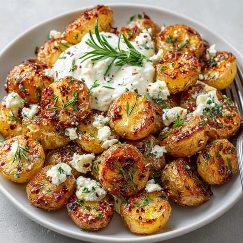 Crispy Garlic Rosemary Roasted Potatoes topped with whipped ricotta and a sprinkle of extra rosemary.