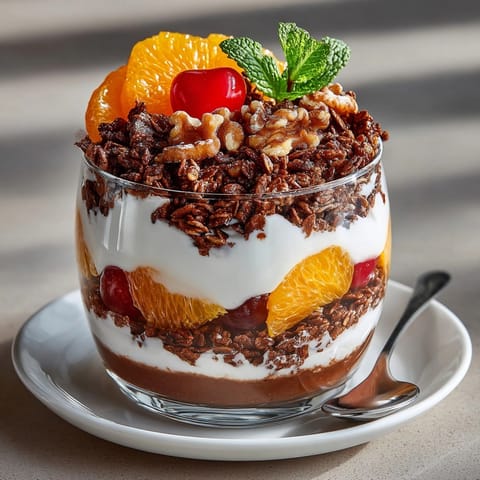 A close-up of a fully-assembled Cherry-Coded Sunrise Parfait with crunchy granola and fresh mint garnish.