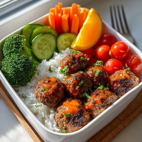A colorful close-up of the delicious Orange Cream Soda BBQ Meatball bento, ready to be eaten and savored.