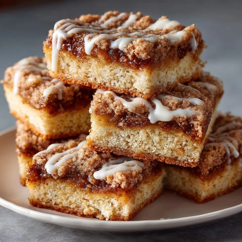 A close-up of homemade Apple Cider Doughnut Chaos Bars shows the crumbly streusel and cinnamon swirl layers.