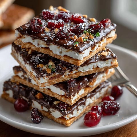 Close-up of Cherry-Coded Chocolate Toffee Saltine Crunch: a perfect mix of sweet toffee, dark chocolate, and cherries.