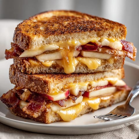Maple syrup glazes the bacon in this delicious Fall Maple Bacon Grilled Cheese, ready to be devoured.