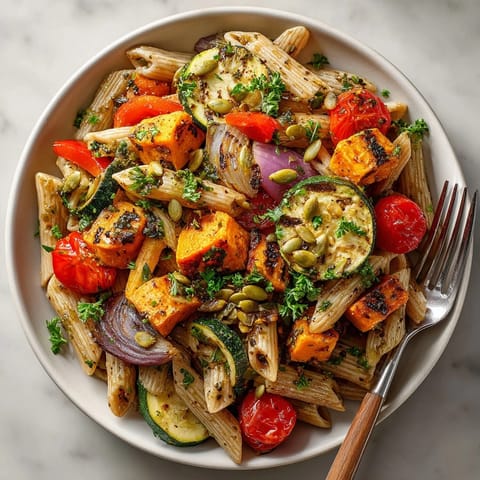 Warm Maple Roast Veggie Pasta Salad showcasing tender roasted vegetables and a delicious, flavorful vinaigrette.