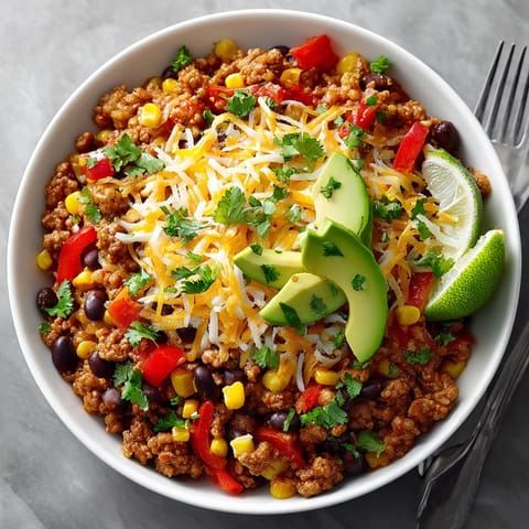 Savory ground turkey taco skillet with melted cheese, ready to be scooped with chips.
