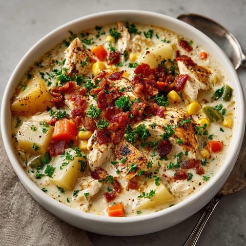 A close-up view reveals a vibrant, hearty creamy chicken and corn chowder, perfect for a chilly day.