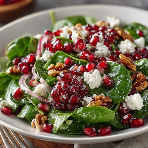 Fresh Pomegranate Spinach Salad tossed with zesty dressing, perfect for a quick lunch or light dinner.