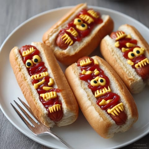 Halloween recipe: Gloved hands hold eerie Bloody Finger Hot Dogs, ketchup dripping.