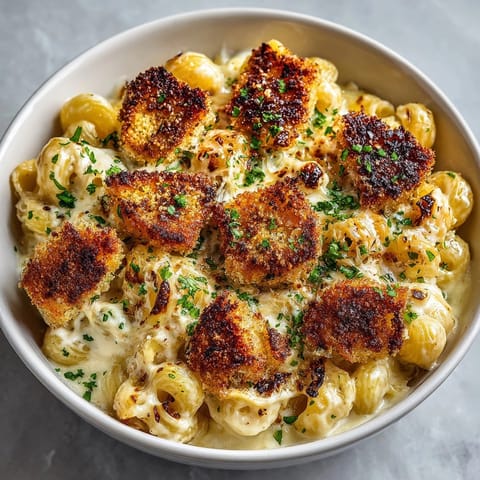 Close-up of cheesy Truffle Mac & Cheese with crunchy breadcrumbs, ready to serve warm.