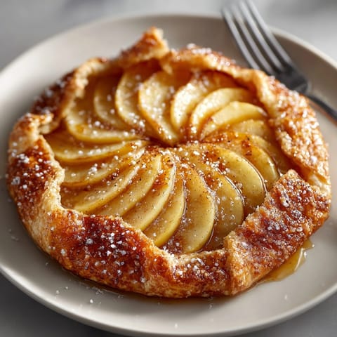 Warm, rustic Cinnamon Apple Galette with a flaky crust, sprinkled with sugary crystals.