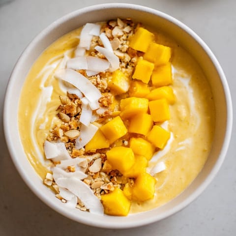 A refreshing bowl of Mango Blended Overnight Oats, featuring layers of tropical textures.