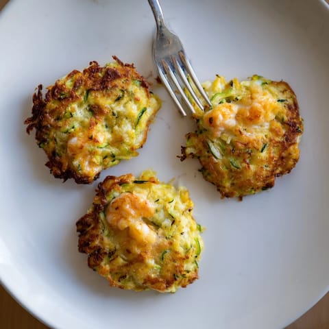 Close-up of lightly browned Shrimp and Cheddar Zucchini Fritters showing cheesy, textured filling.