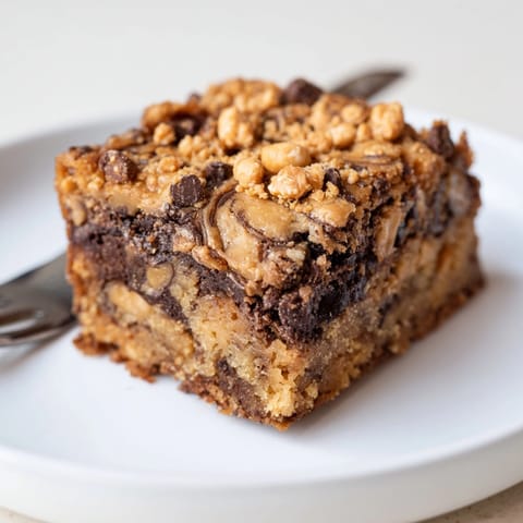 Close-up of rich Peanut Butter Toffee Blondies—a swirl of peanut butter in every bite.