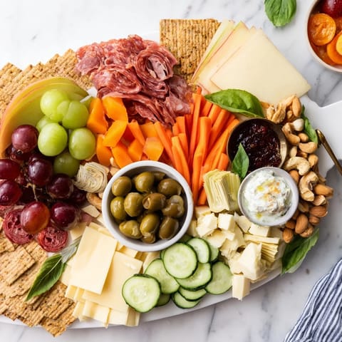 Deliciously arranged girl dinner platter showcasing cheeses, fruits, dips, and crunchy veggies.  