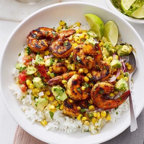 Vibrant Easy Grilled Shrimp Bowl garnished with fresh cilantro and zesty toppings.  