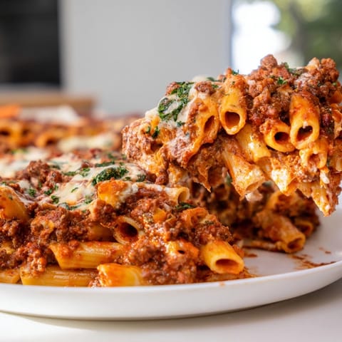 A close-up shot of hot Baked Ziti, showcasing layers of pasta, meat sauce, and melted cheese.