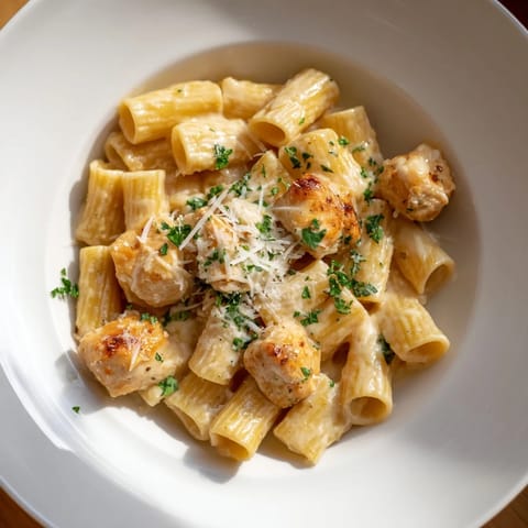 Golden-brown chicken pieces nestled in a luxurious Creamy Garlic Parmesan Chicken Rigatoni sauce, ready to eat.