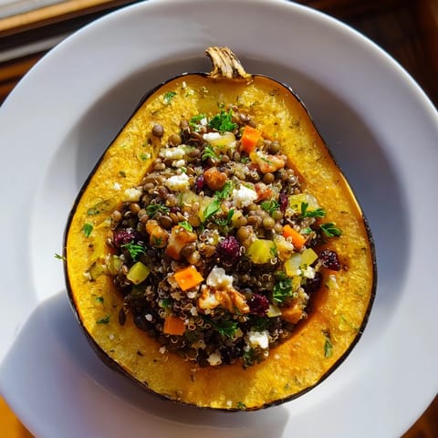 A close-up shot of the delicious Lentil & Walnut Stuffed Acorn Squash, ready to savor.