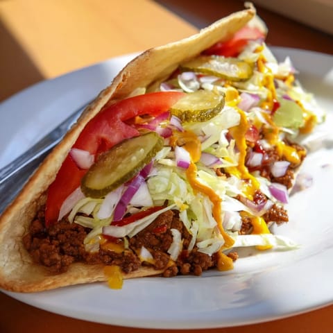 Crispy, cheesy cheeseburger tacos: a close-up shows fillings like diced tomatoes and creamy burger sauce.