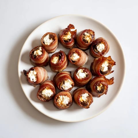 Golden, baked bacon-wrapped dates with melting goat cheese filling, perfect for your next party.