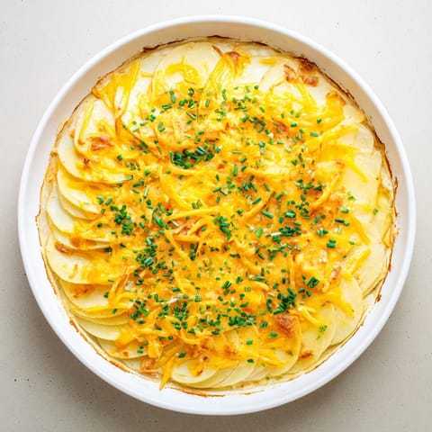 Golden, bubbly cheesy scalloped potatoes, a comforting side dish fresh from the oven, ready to serve.