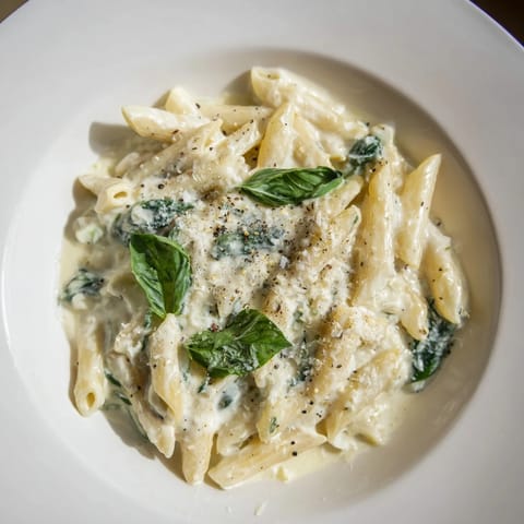 This vibrant dish of cottage cheese creamy spinach pasta is brimming with rich, cheesy flavors.