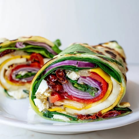 Festive spiral of Roasted Veggie & Feta Santa Wrap, showing colorful veggies and creamy feta filling.