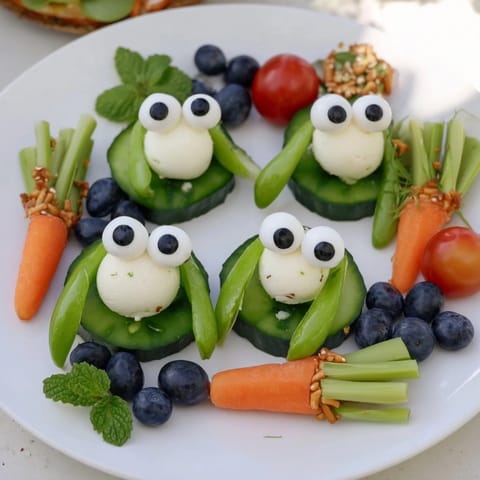This adorable Frog Pond Snack Tray features whimsical frog-shaped snacks with colorful fruits.