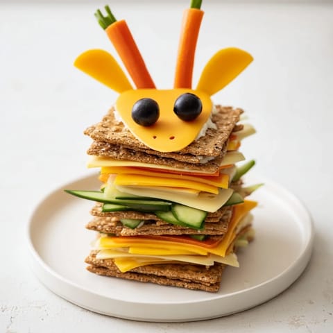 Enjoy this close-up photo of delicious Giraffe Tall Cracker Stacks designed as a fun kid-friendly treat.