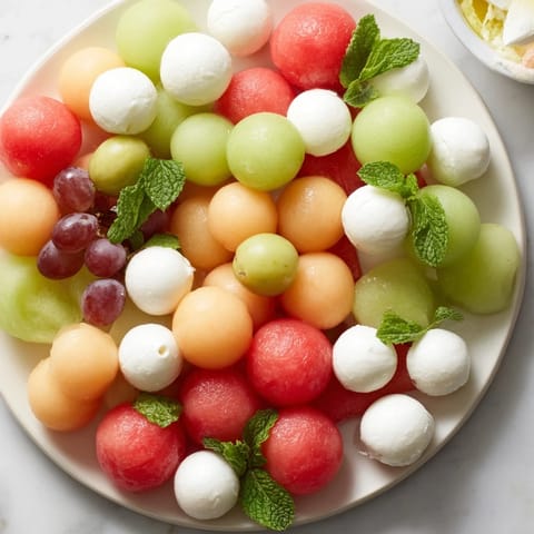 A beautifully arranged Polka Dot Platter, featuring melon balls and mozzarella, perfect for entertaining.