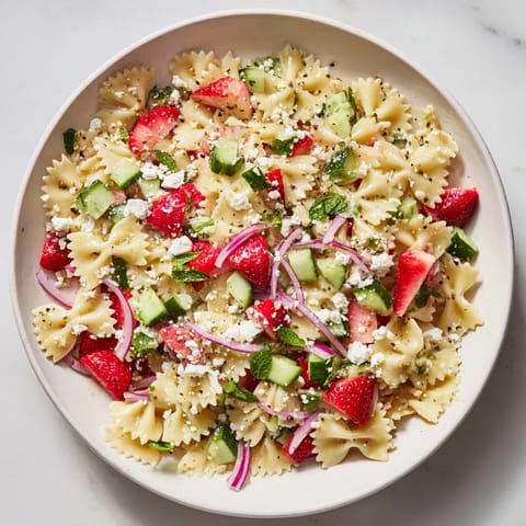 Chilled Strawberry Feta Pasta, featuring juicy strawberries and a tangy yogurt dressing.