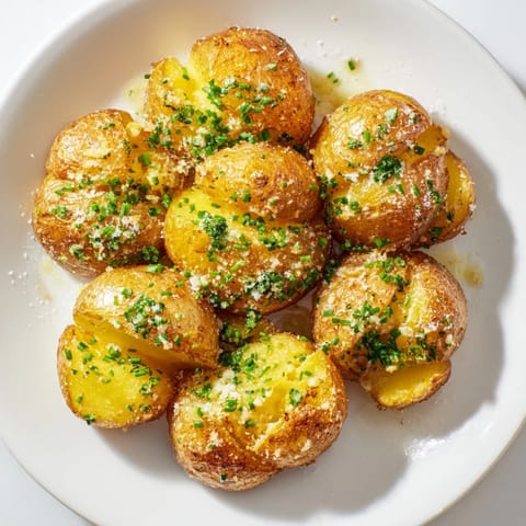 Close-up of baked Parmesan smashed potatoes: fluffy insides with garlic and melted cheese.