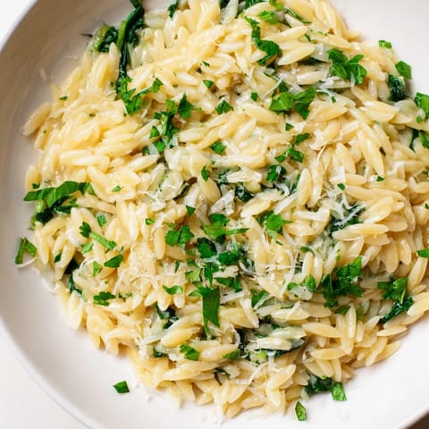Close-up of a skillet filled with the glistening, creamy one-pot orzo, perfect for a cozy dinner.