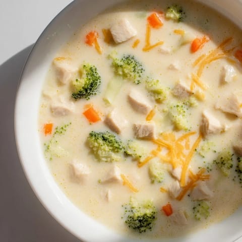 Thick, creamy Chicken Broccoli Cheddar Soup served in a rustic mug, topped with extra shredded cheddar.  