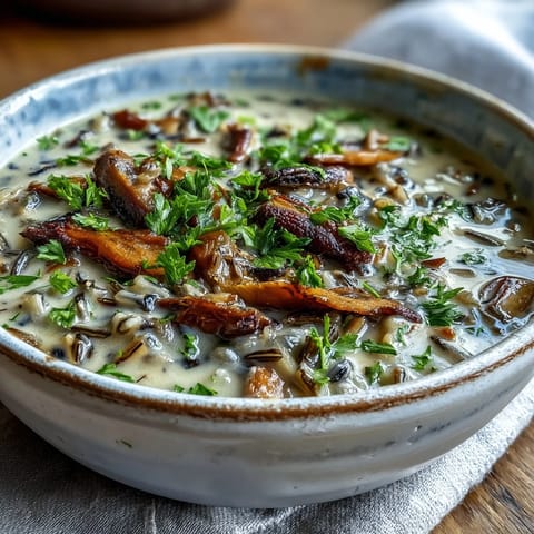 Earthy Wild Rice Mushroom Soup simmering in a pot, featuring visible wild mushrooms and carrots in a rich, savory broth.