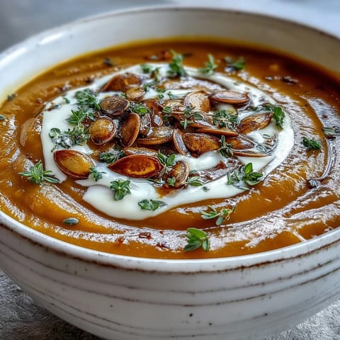 Golden Roasted Butternut Squash Soup steaming in a rustic bowl, garnished with pumpkin seeds and fresh thyme.