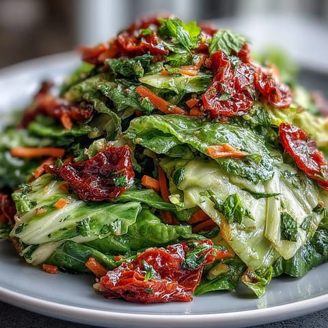 A vibrant bowl of cabbage salad with sun-dried tomatoes highlights crisp red and green ribbons, perfect for a light lunch. 
