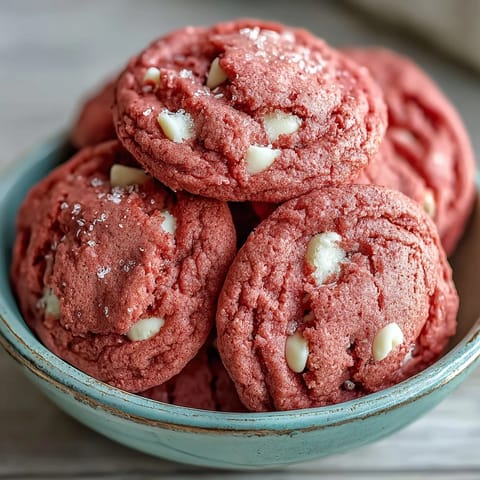 Freshly baked Pink Velvet Cookies with creamy white chocolate chips, stacked on a cooling rack for a sweet treat.