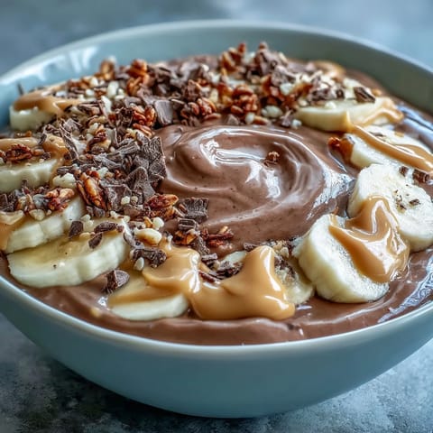 A vibrant, layered Chocolate Peanut Butter Smoothie Bowl in a white bowl, garnished with chopped dark chocolate and fresh banana.