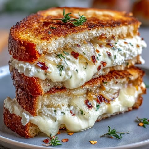 Sliced in half, the toasted sandwich reveals a smooth, tangy filling dotted with herbs.