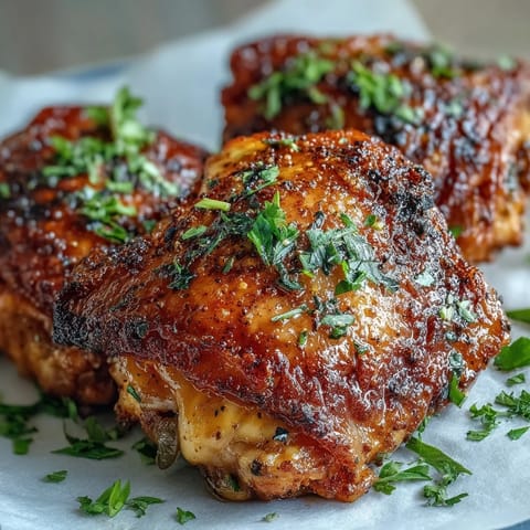 Crispy Baked Bone-In Chicken Thighs with golden crackling skin, served with fresh lemon wedges on a platter.