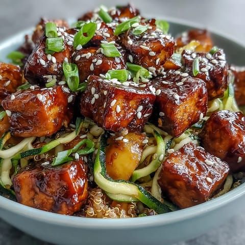 Diced ripe mango and green onions add bright pops of flavor and texture to this nourishing Easy Teriyaki Quinoa Bowl, served alongside golden baked tofu.