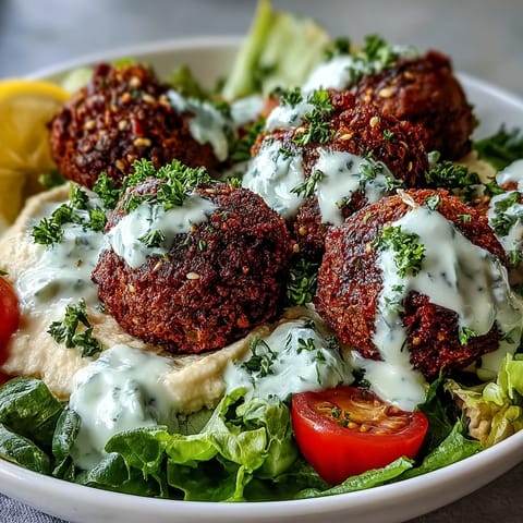A fully assembled Falafel Bowl features hummus, tzatziki, fresh vegetables, and a lemon wedge, ready to serve.