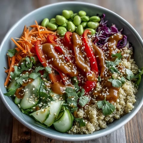 Overhead view of a Thai Coconut Quinoa Bowl drizzled with creamy peanut dressing and topped with fresh cilantro and sesame seeds.