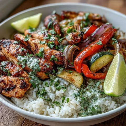 Overhead view of Sheet Pan Fajita Bowl with tender chicken and sautéed fajita veggies served over white rice, garnished with chopped cilantro and a dollop of sour cream for a wholesome family dinner.