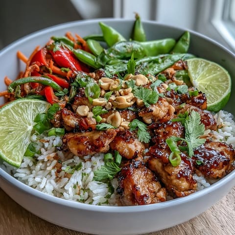 A steaming bowl of Thai Chicken Coconut Bowl features golden chicken, fresh Thai basil, and vibrant vegetables on a bed of creamy rice.